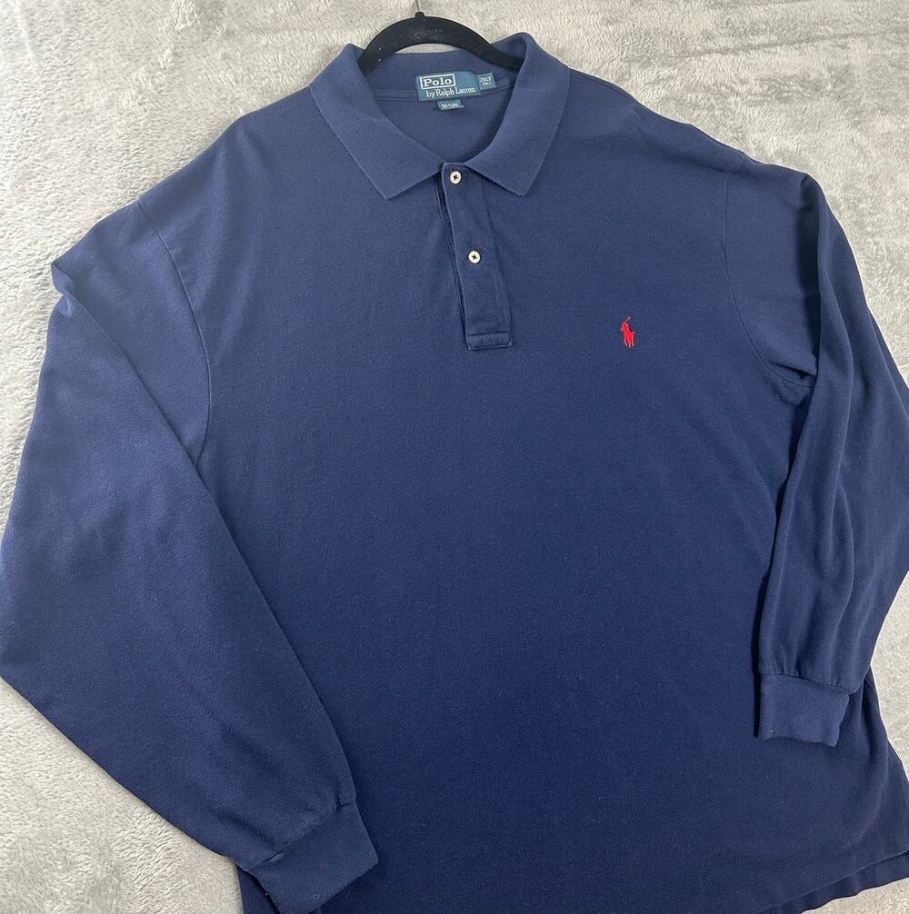 Vintage Polo Ralph Lauren Polo Shirt Men 2XLT Navy Blue Long Sleeve Big Tall